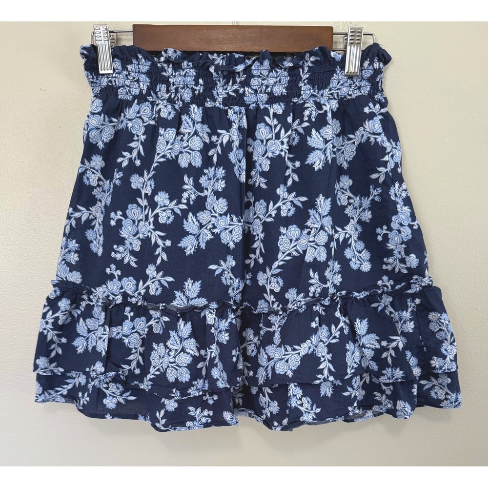 J.Crew Re-Imagined Navy Blue Floral Smocked Waist Ruffle Cotton Mini Skirt Sz S